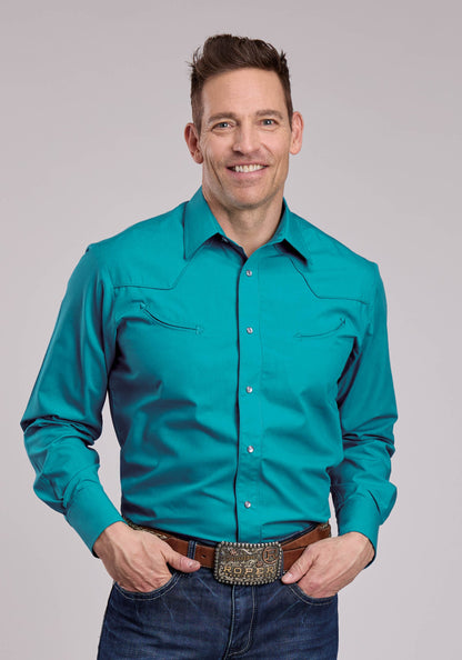 Mens Roper Solid Turquoise Long Sleeve Snap Shirt