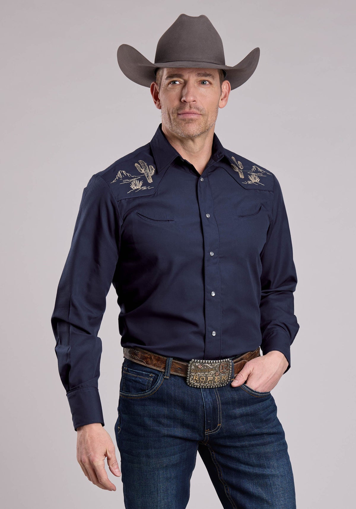 Mens Long Sleeve Snap Deep Navy Solid Poplin Western Shirt