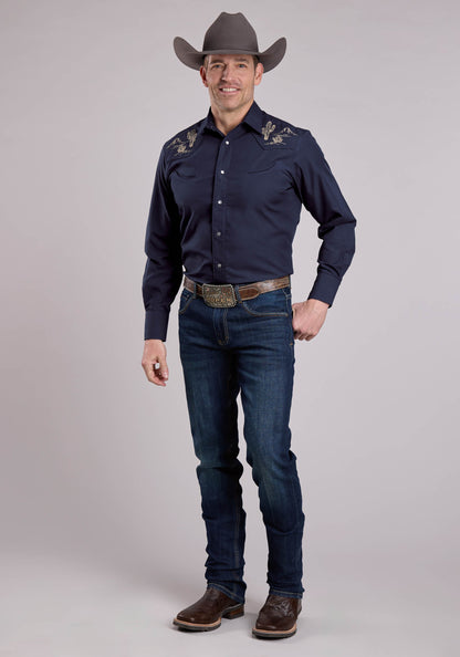 Mens Long Sleeve Snap Deep Navy Solid Poplin Western Shirt