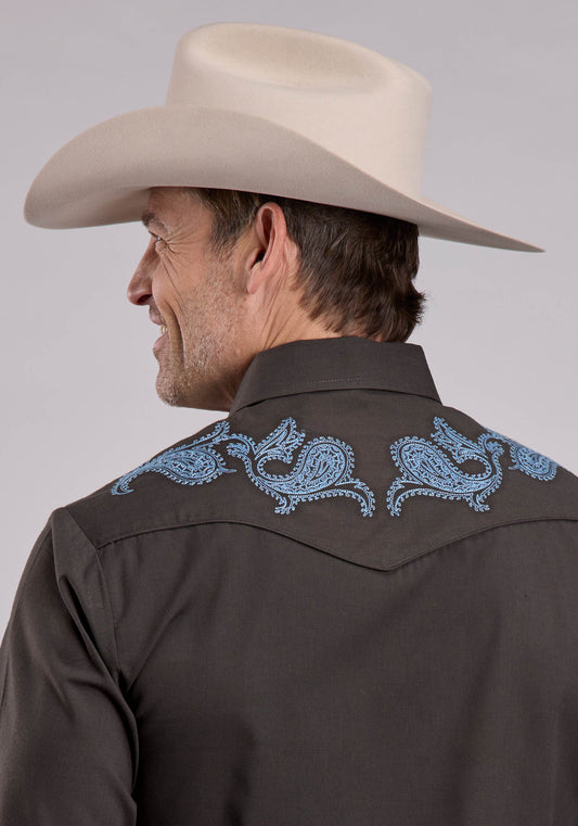 Mens Long Sleeve Snap Chocolate Solid Poplin Western Shirt