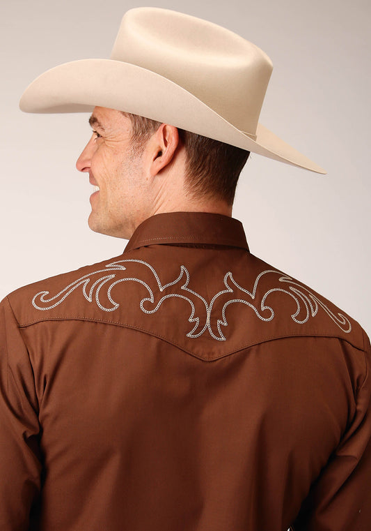 Mens Long Sleeve Snap Solid Warm Browm Broadcloth Western Shirt