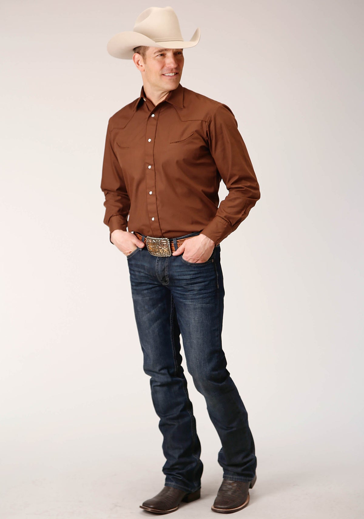 Mens Long Sleeve Snap Solid Warm Browm Broadcloth Western Shirt