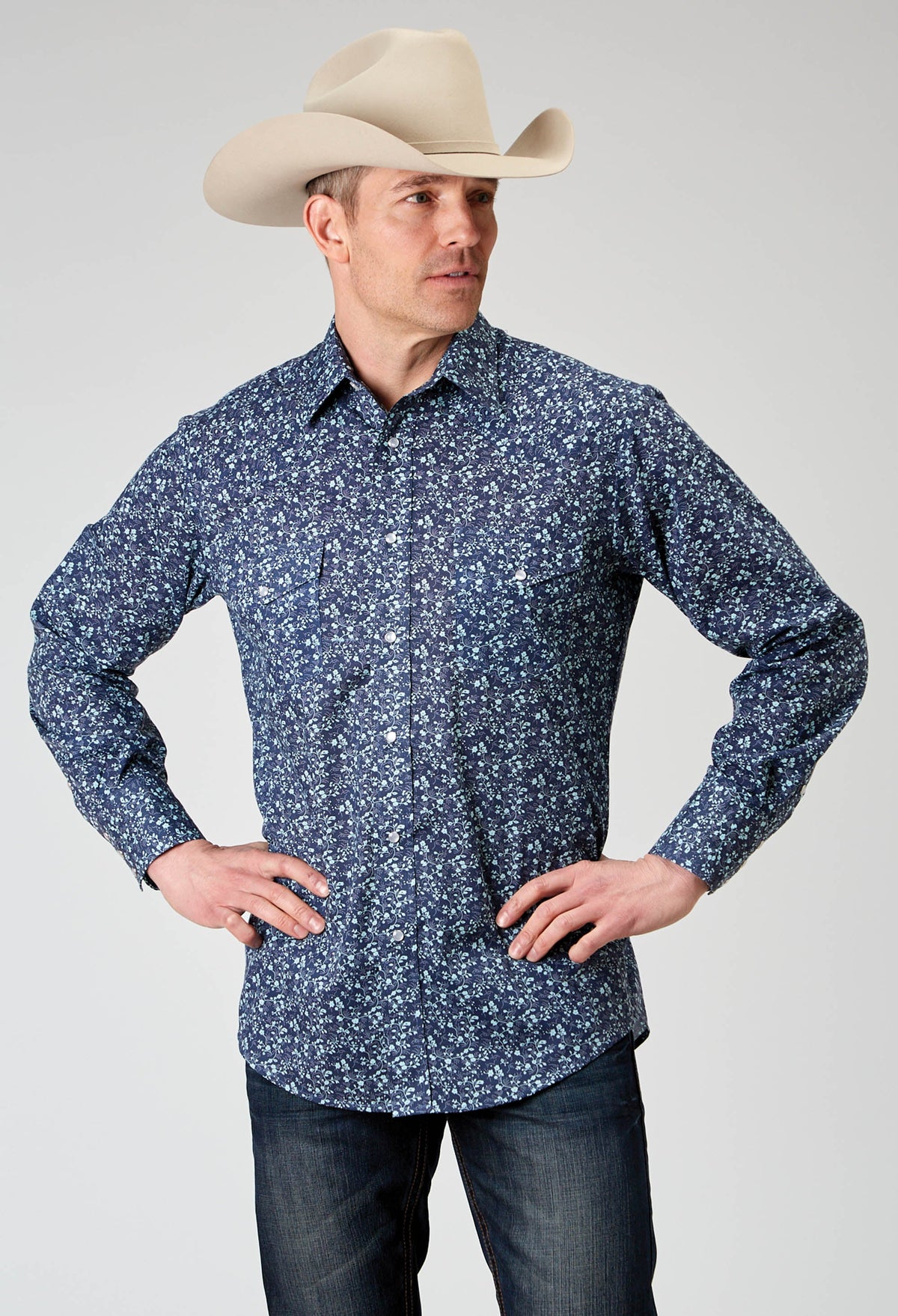 Mens Long Sleeve Snap Ditsy Floral Print Western Shirt