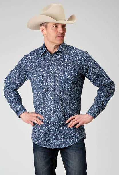 Mens Long Sleeve Snap Ditsy Floral Print Western Shirt