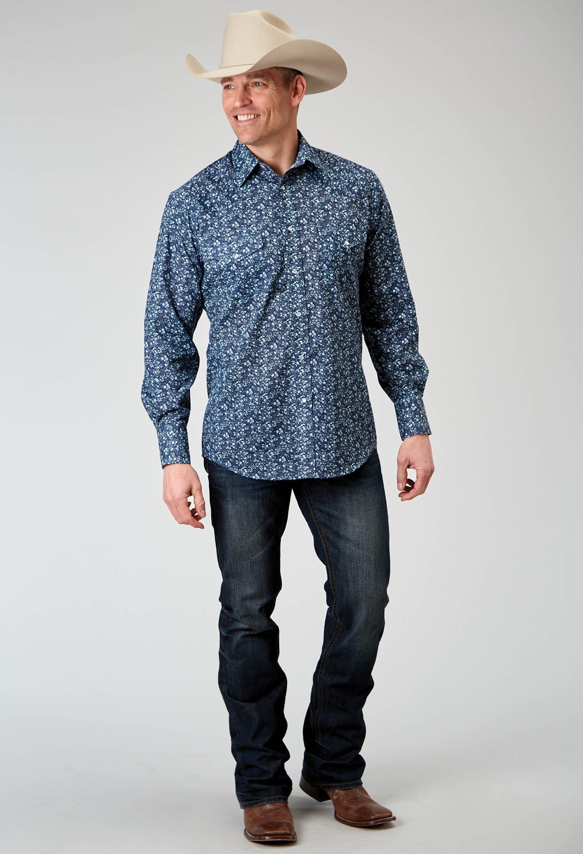 Mens Long Sleeve Snap Ditsy Floral Print Western Shirt
