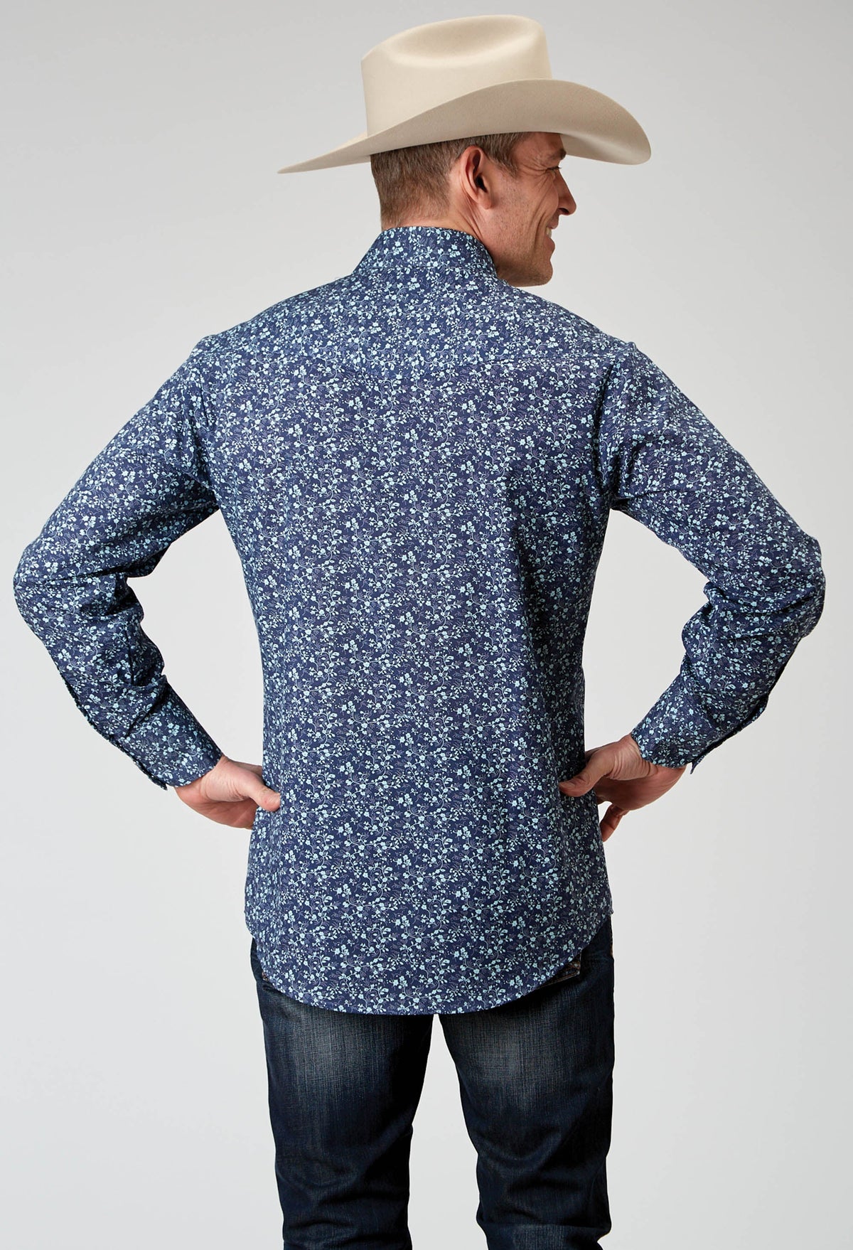 Mens Long Sleeve Snap Ditsy Floral Print Western Shirt