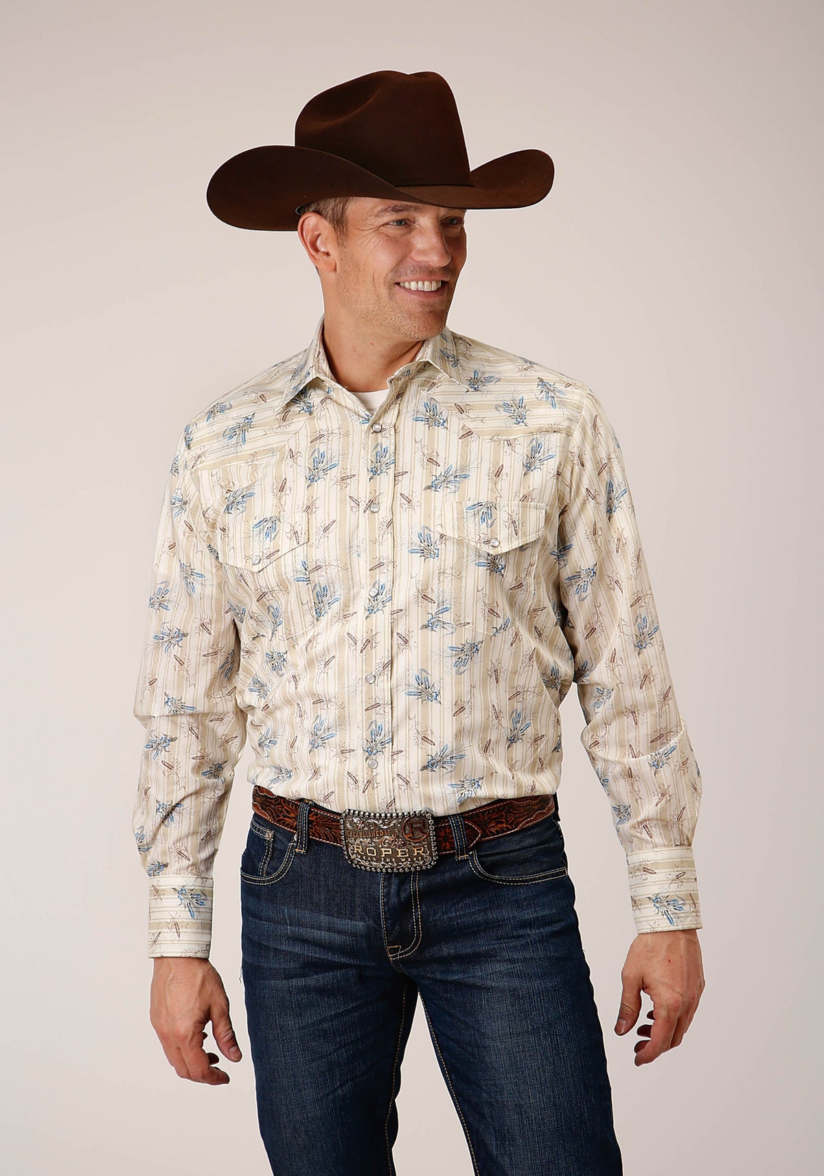Mens Long Sleeve Snap Vintage Wheat Print Western Shirt