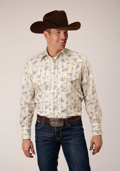 Mens Long Sleeve Snap Vintage Wheat Print Western Shirt