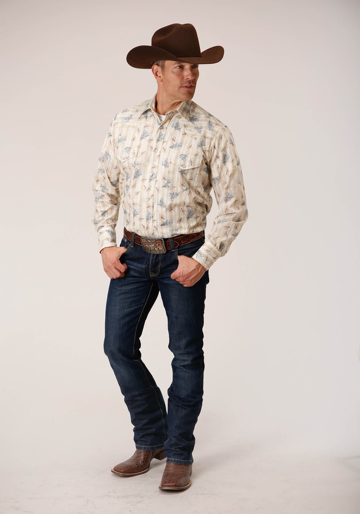 Mens Long Sleeve Snap Vintage Wheat Print Western Shirt