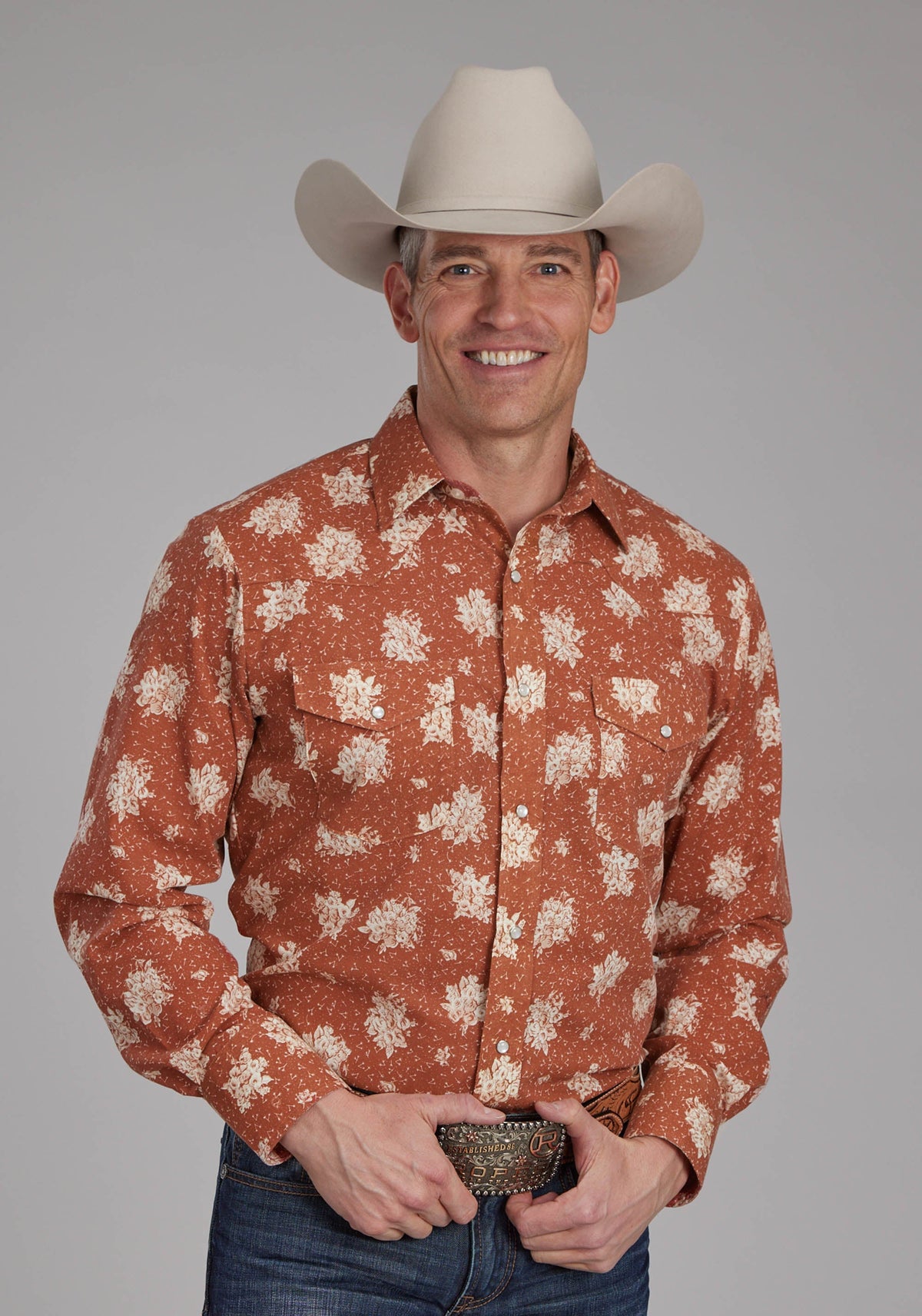 Mens Orange And Cream Floral Long Sleeve Snap Western Shirt