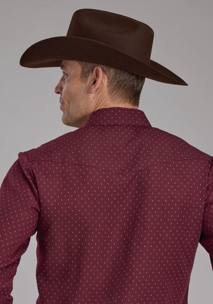 Mens Wine Dot Print Long Sleeve Snap Western Shirt