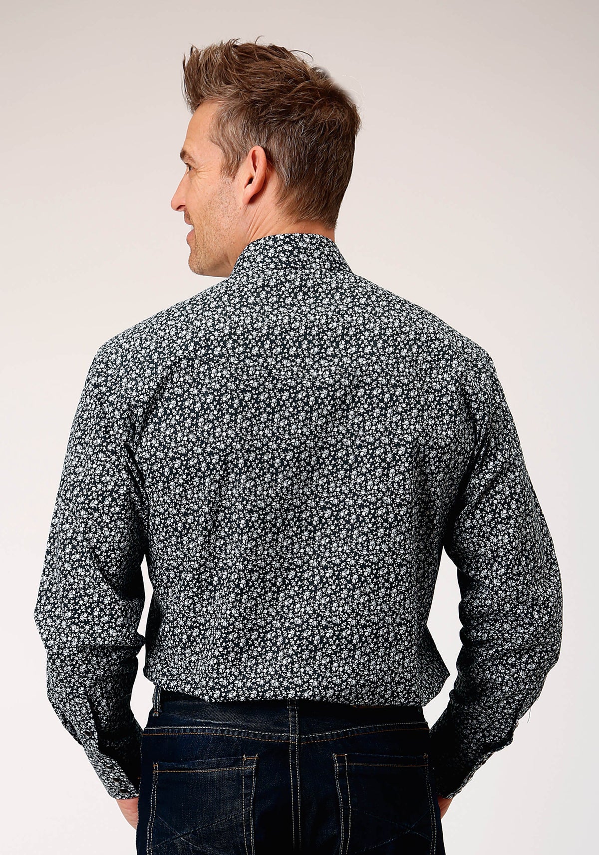 Mens Long Sleeve Snap Black White Floral Print Western Shirt