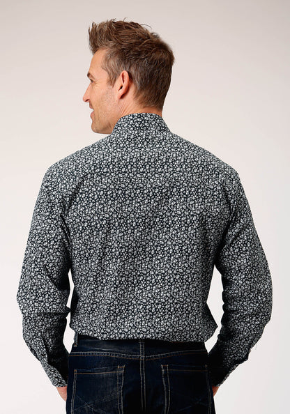 Mens Long Sleeve Snap Black White Floral Print Western Shirt