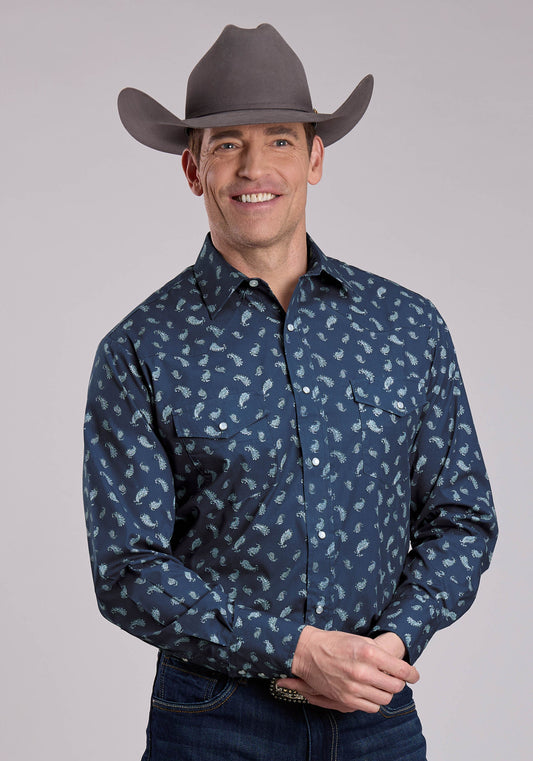 Mens Long Sleeve Snap Blue Paisley Western Shirt