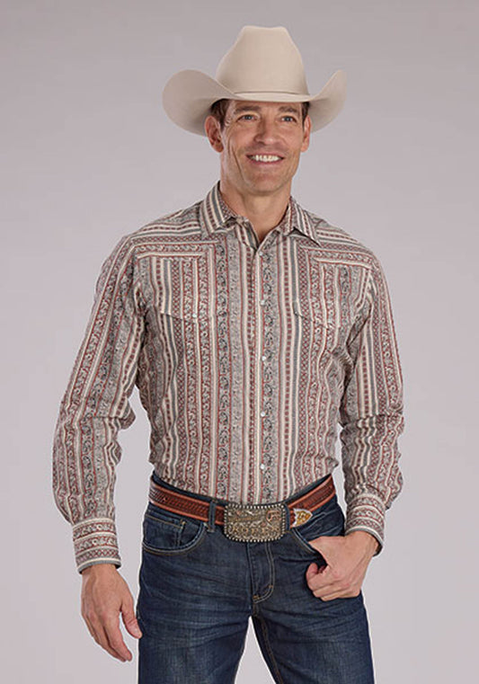 Mens Long Sleeve Snap Wallpaper Print Western Shirt