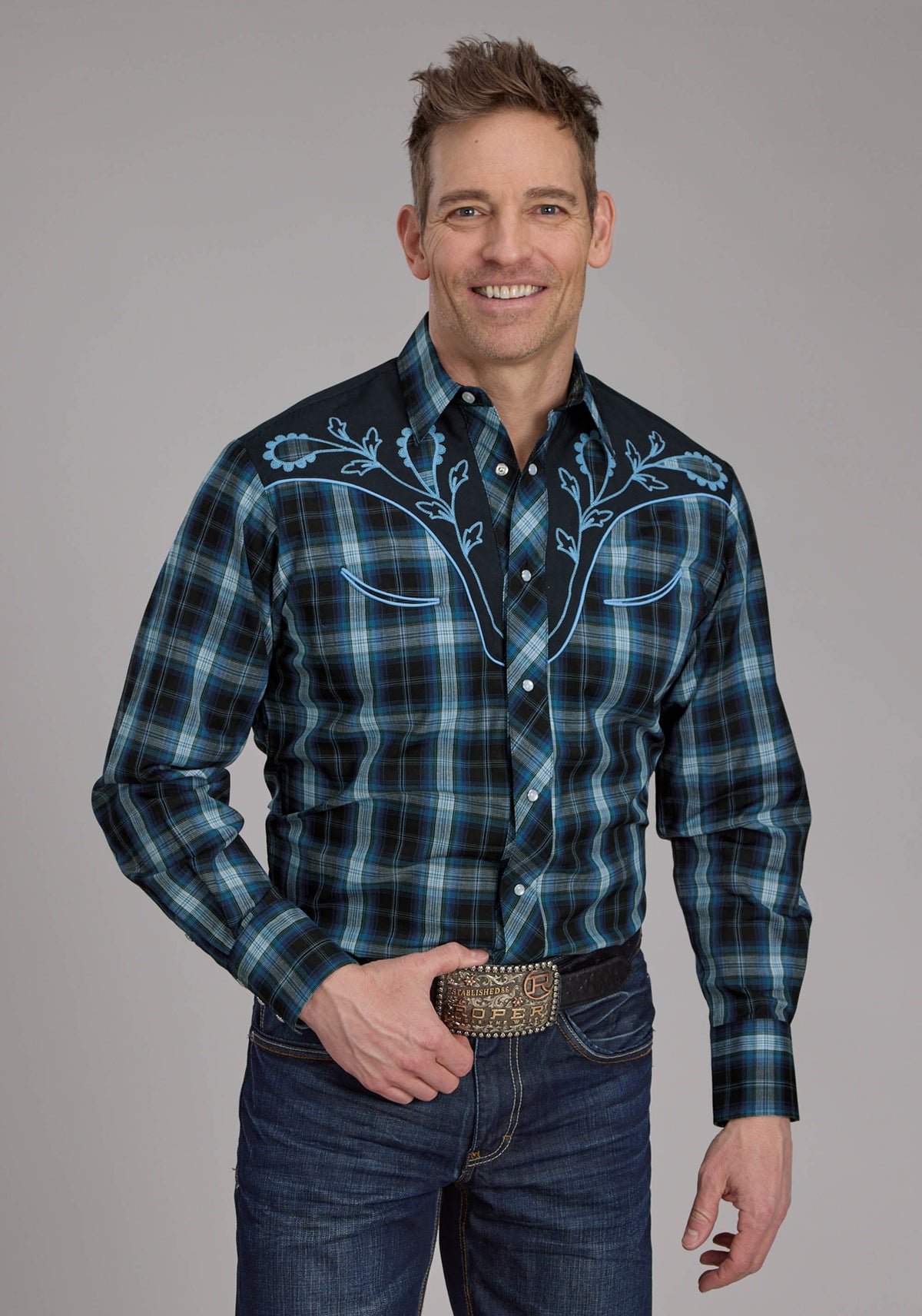 Mens Mulit Blue Windowpane Plaid Long Sleeve Snap Western Shirt