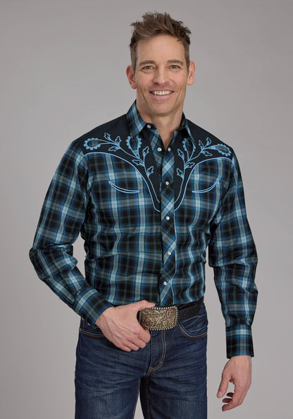 Mens Mulit Blue Windowpane Plaid Long Sleeve Snap Western Shirt