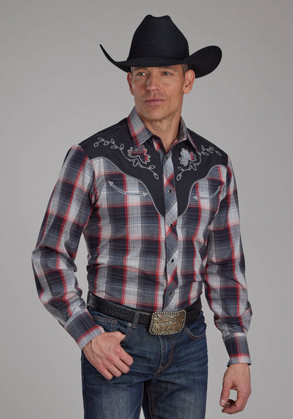 Mens Black Gray Cream And Red Plaid Long Sleeve Snap Western Shirt