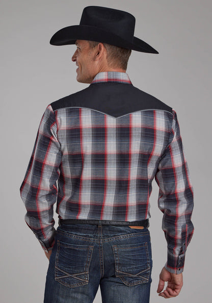 Mens Black Gray Cream And Red Plaid Long Sleeve Snap Western Shirt