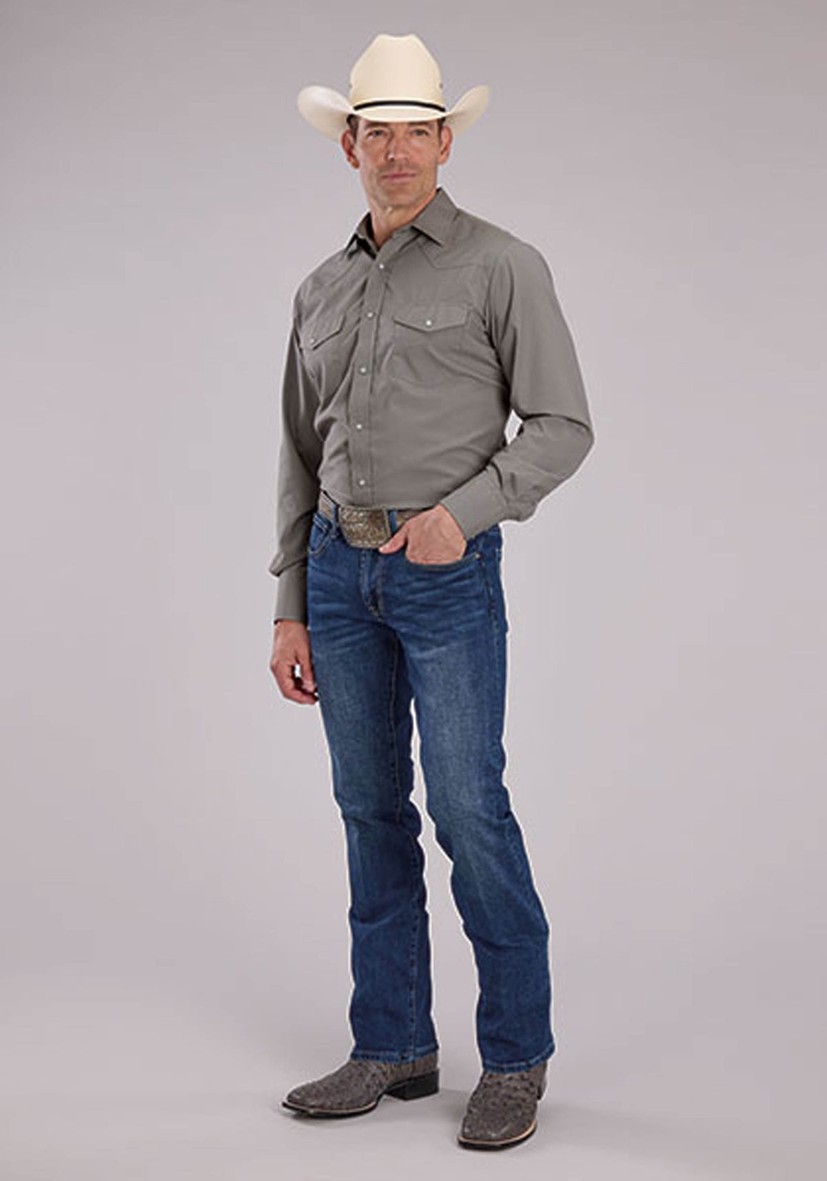 Mens Long Sleeve Snap Solid Broadcloth - Light Smokey Grey Western Shirt