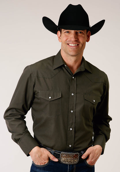 Mens Long Sleeve Snap Solid Broadcloth  Deep Olive Western Shirt