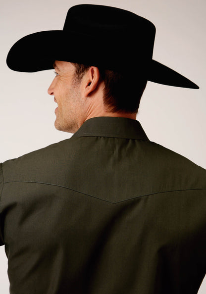 Mens Long Sleeve Snap Solid Broadcloth  Deep Olive Western Shirt
