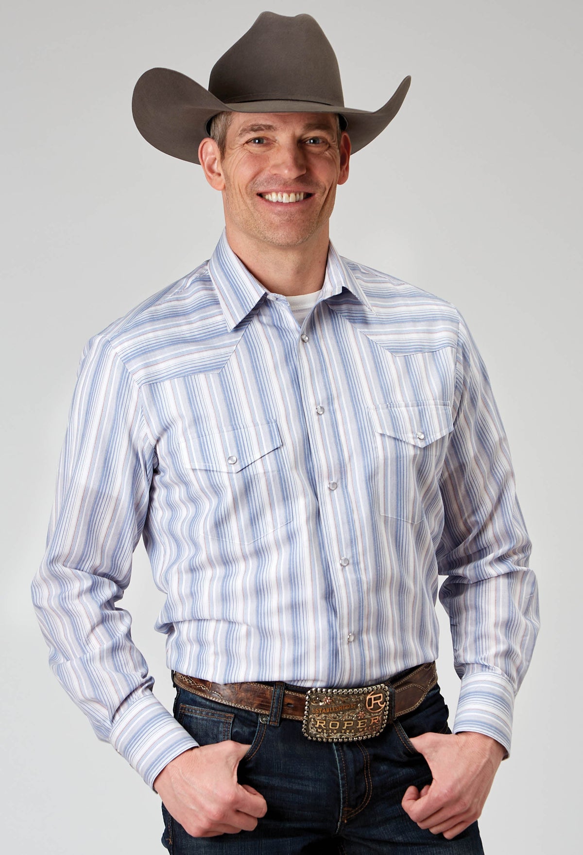 Mens Long Sleeve Snap Blue Stripe Western Shirt
