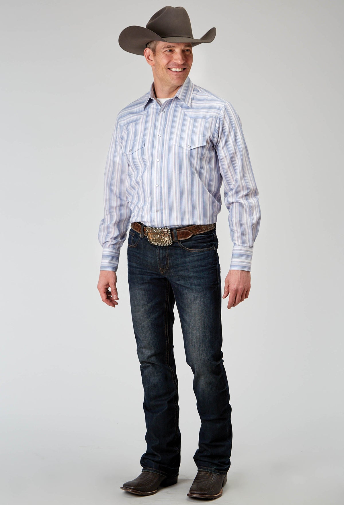 Mens Long Sleeve Snap Blue Stripe Western Shirt