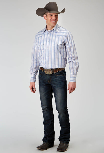 Mens Long Sleeve Snap Blue Stripe Western Shirt
