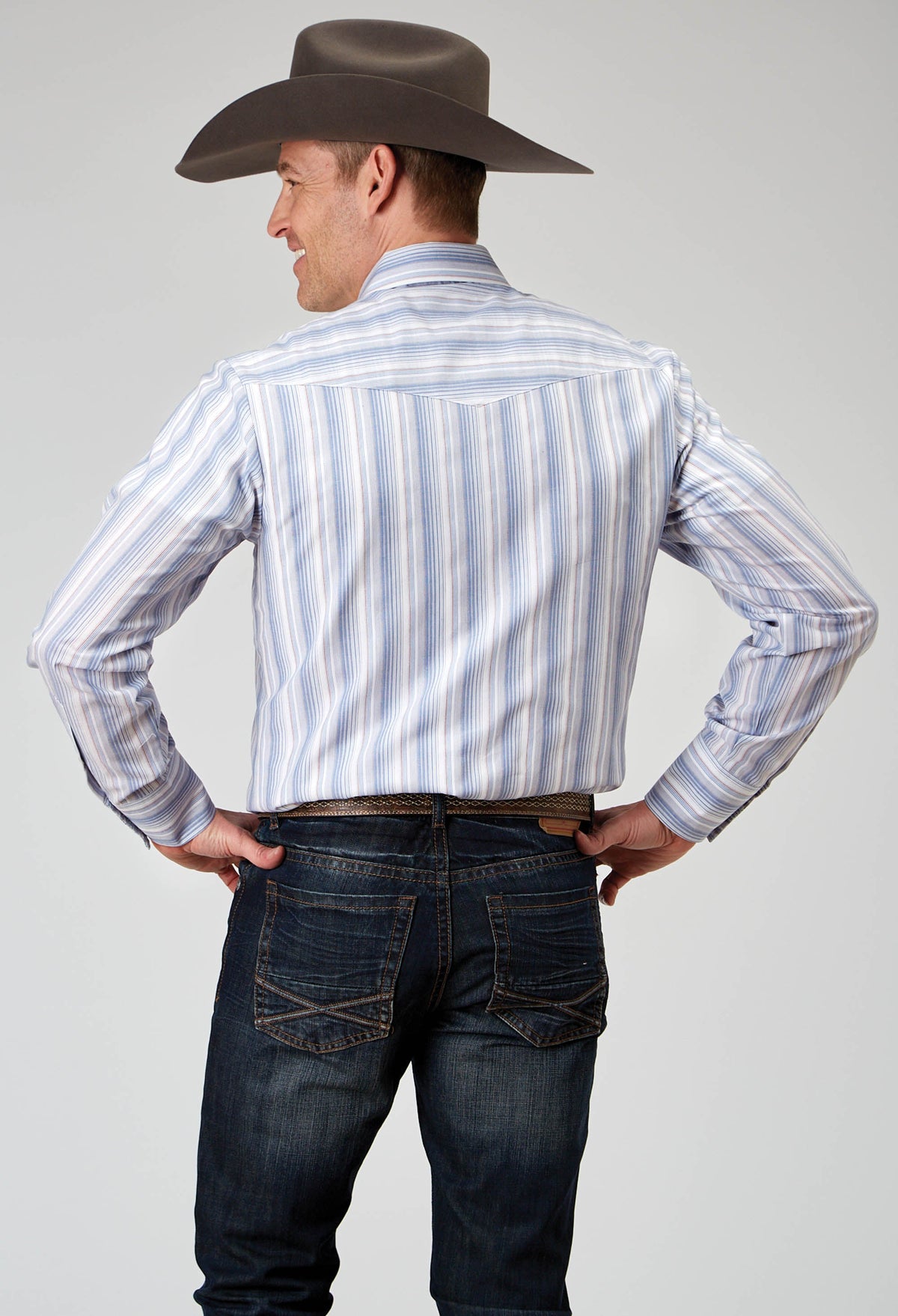Mens Long Sleeve Snap Blue Stripe Western Shirt