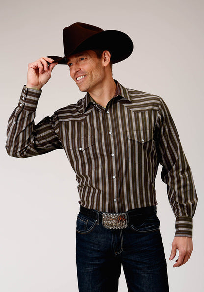 Mens Long Sleeve Snap Chocolate Stripe Western Shirt