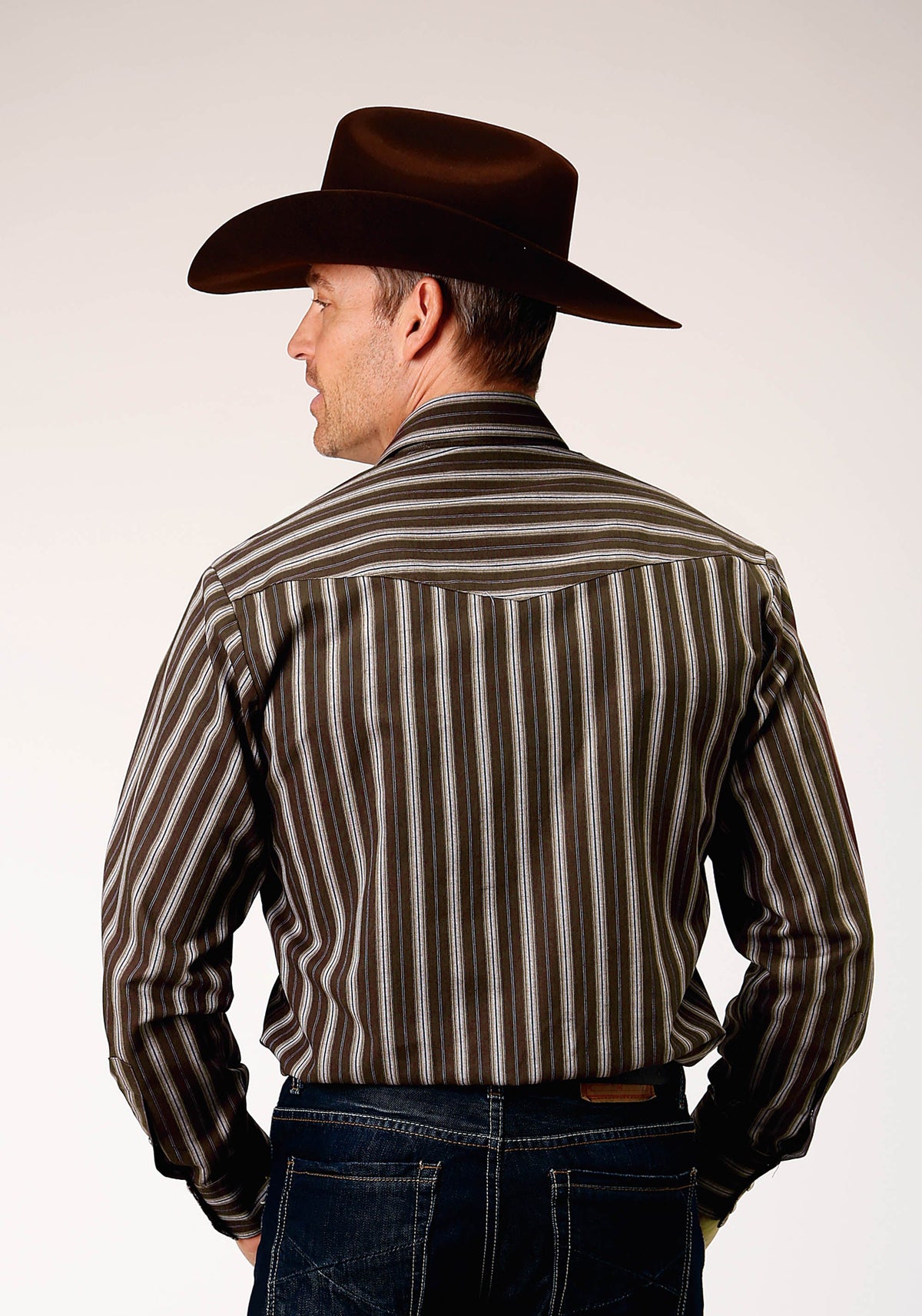 Mens Long Sleeve Snap Chocolate Stripe Western Shirt