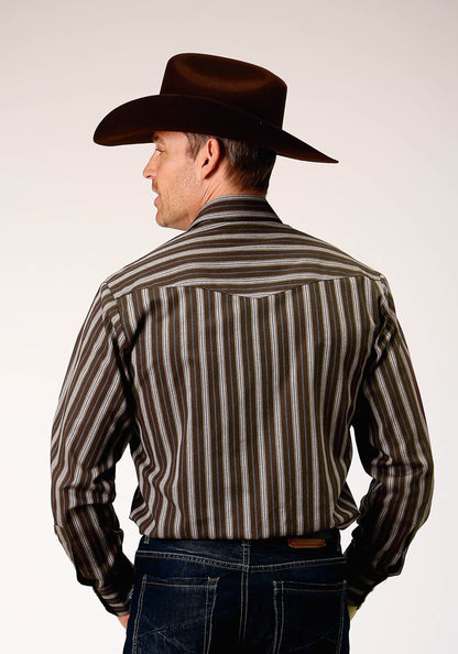 Mens Long Sleeve Snap Chocolate Stripe Western Shirt