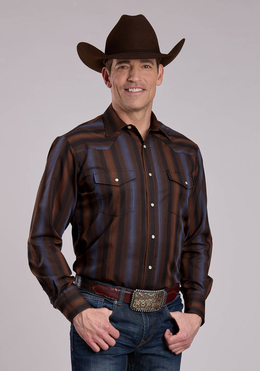 Mens Long Sleeve Snap Brown  Blue Wide Stripe Western Shirt
