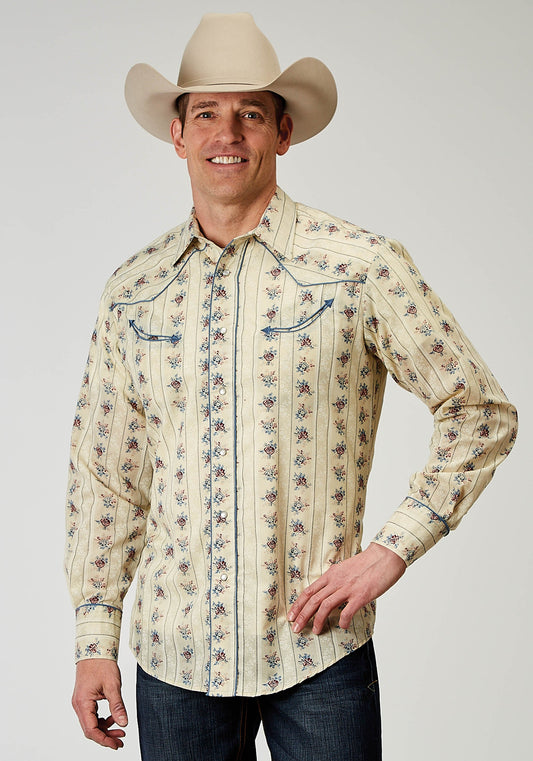 Mens Long Sleeve Snap Floral Stripe Western Shirt With Solid Piping On Fron