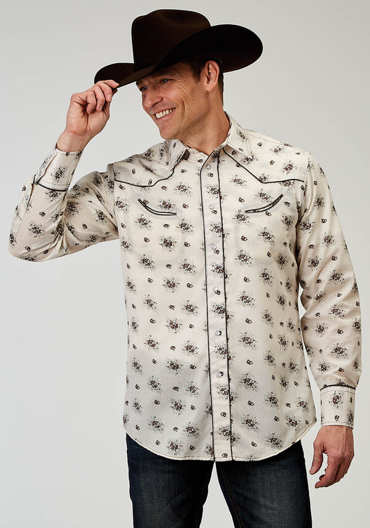 Mens Long Sleeve Snap Vintage Floral Western Shirt With Solid Piping On Fro