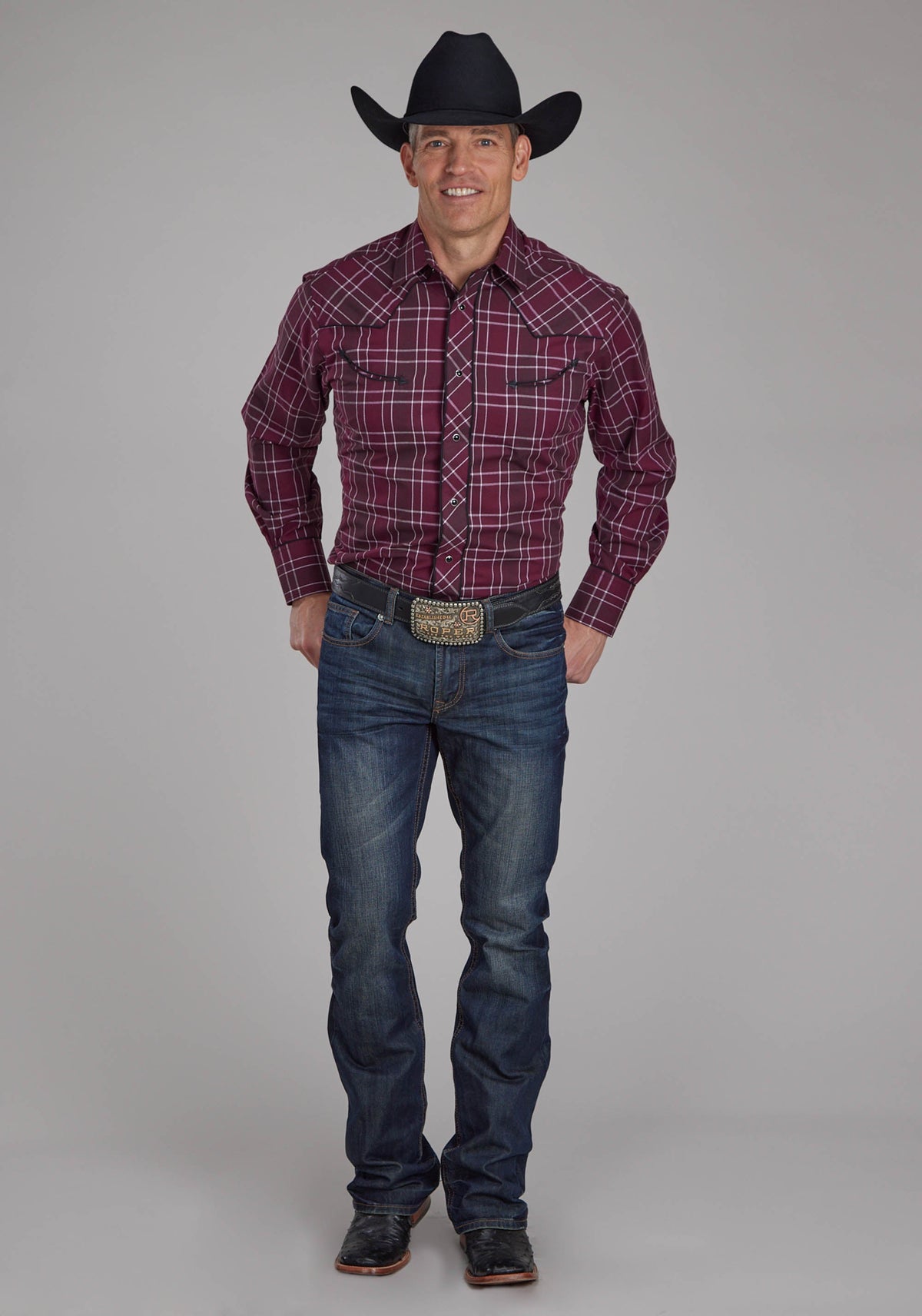 Mens Wine Black And White Plaid Long Sleeve Snap Western Shirt