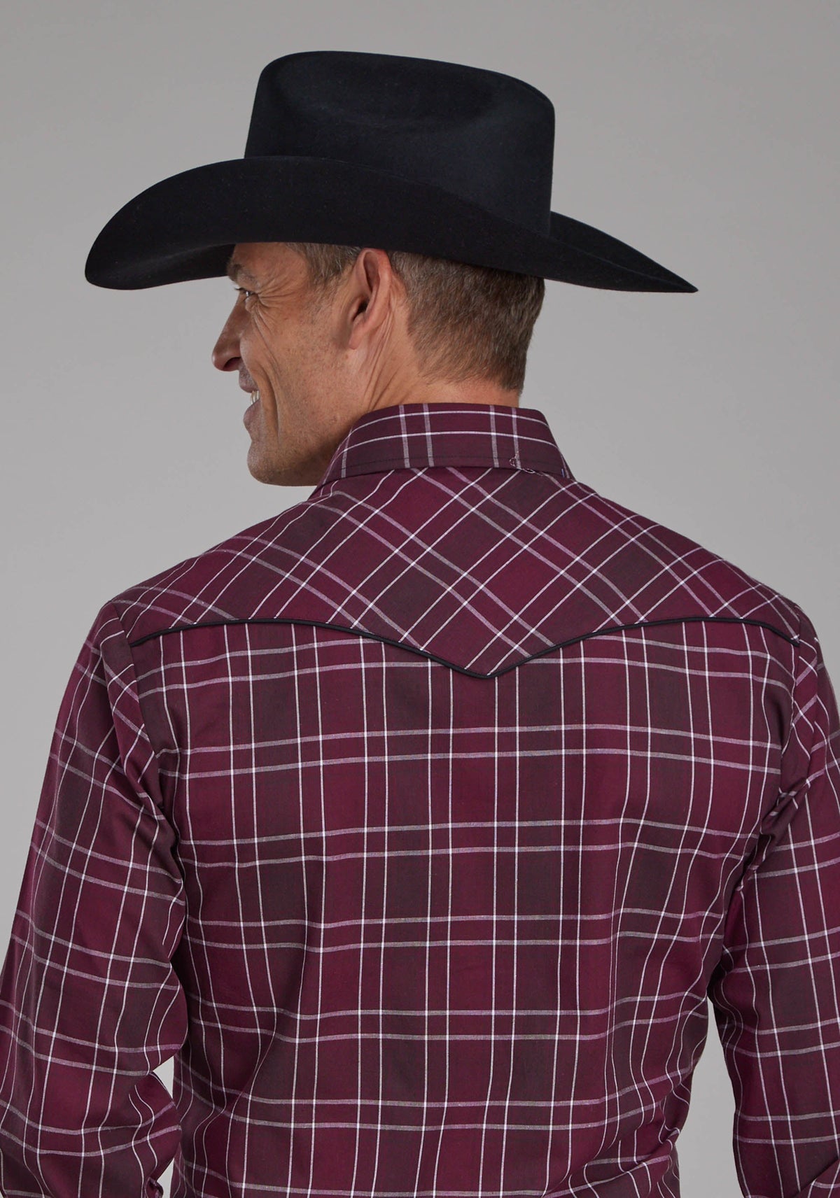 Mens Wine Black And White Plaid Long Sleeve Snap Western Shirt
