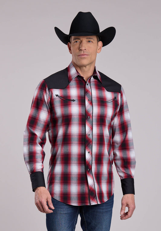Mens Roper Black Red  White Long Sleeve Snap Shirt