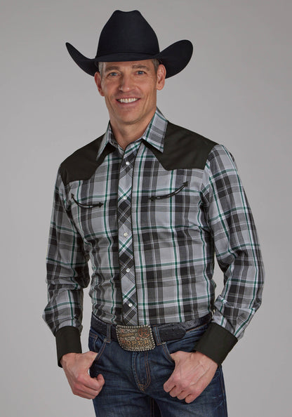 Mens Gray Black And White Plaid Long Sleeve Snap Western Shirt
