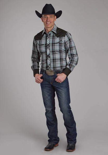 Mens Gray Black And White Plaid Long Sleeve Snap Western Shirt