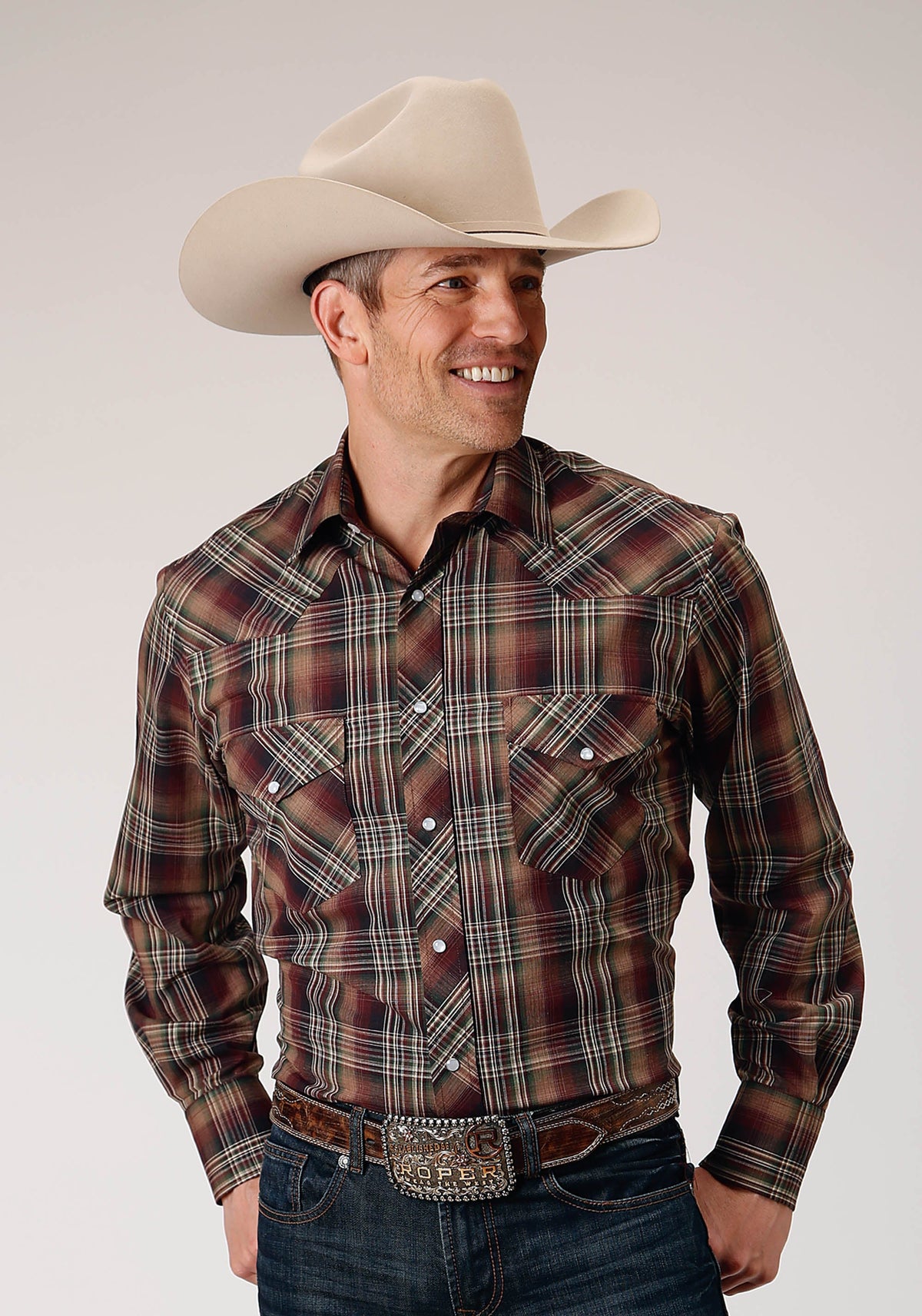 Mens Long Sleeve Snap Multi Brown Black Green Plaid Western Shirt