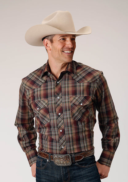 Mens Long Sleeve Snap Multi Brown Black Green Plaid Western Shirt