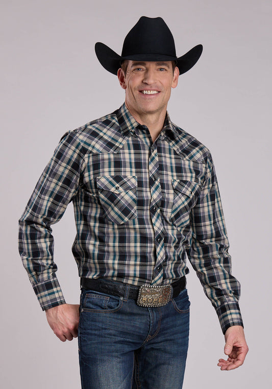 Mens Long Sleeve Snap Forrest Black Tan Plaid Western Shirt