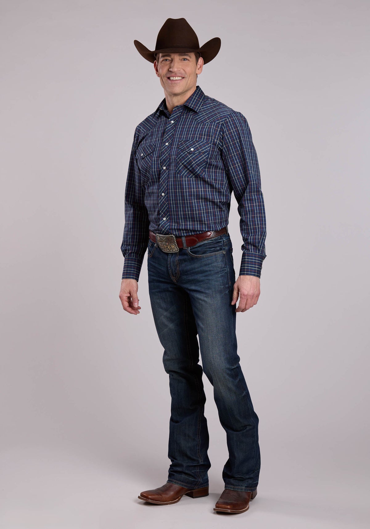 Mens Long Sleeve Snap Blue Rust Yellow Windowpane Plaid Western Shirt