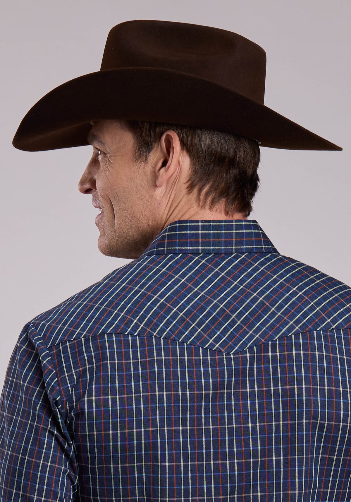 Mens Long Sleeve Snap Blue Rust Yellow Windowpane Plaid Western Shirt