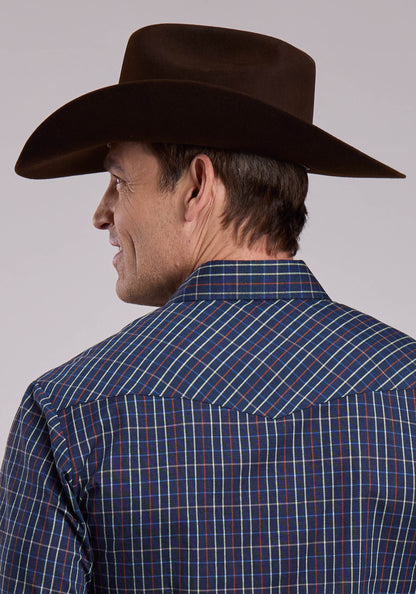 Mens Long Sleeve Snap Blue Rust Yellow Windowpane Plaid Western Shirt