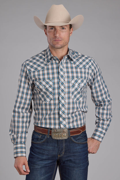 Mens Turquoise Plaid Long Sleeve Snap Western Shirt