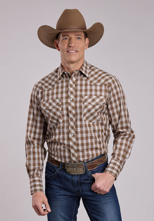 Mens Roper Brown Plaid Long Sleeve Snap Shirt
