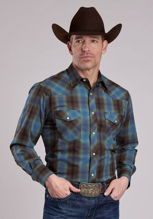 Mens Long Sleeve Snap Turquoise Cobalt Chocolate Plaid Western Shirt